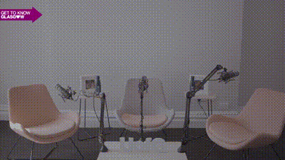 A gif showing students recording a podcast